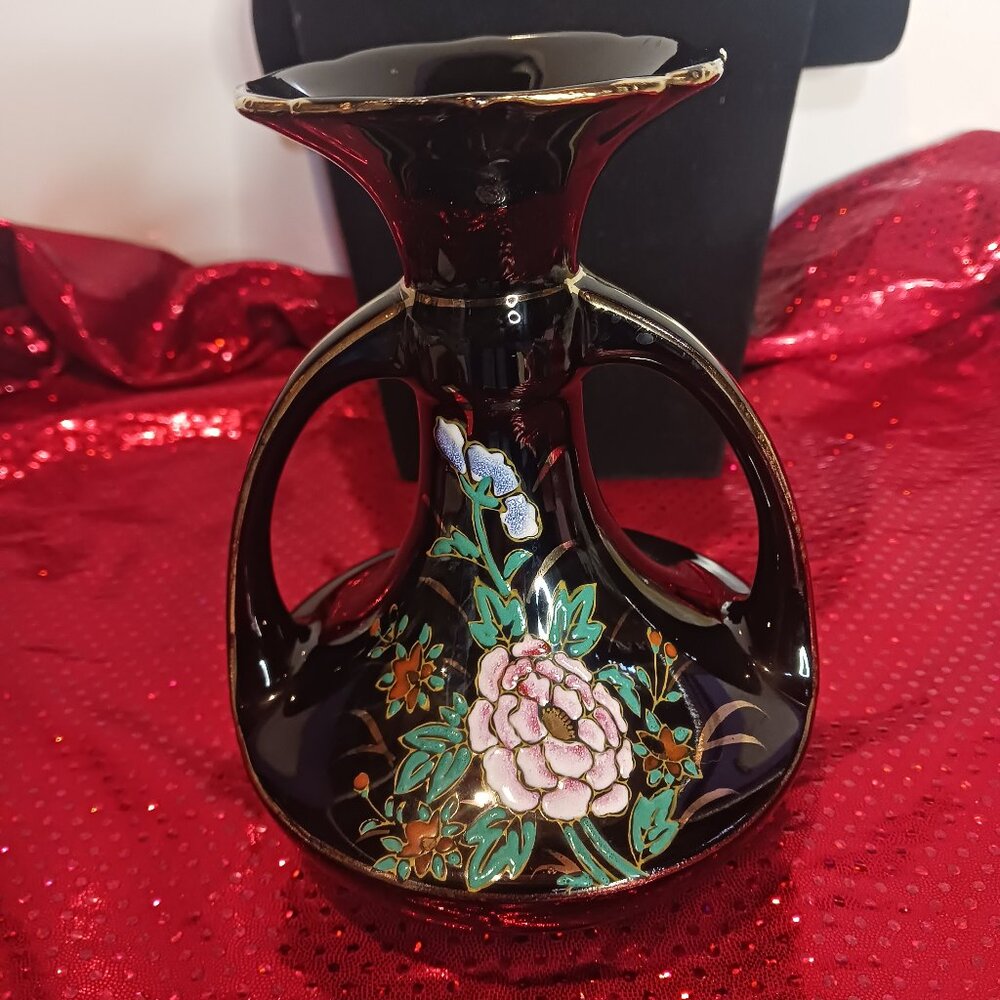 Black Glass Cloisonne 2 Handle Vase